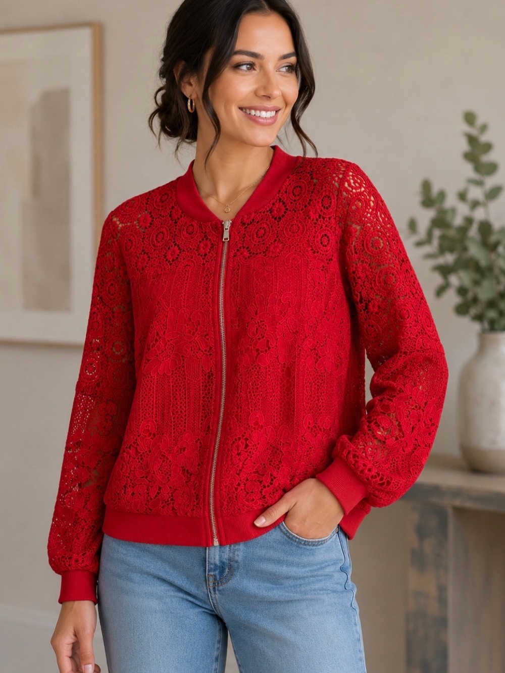 Chico's Red Lace Zip Bomber Jacket